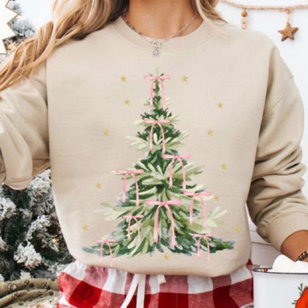 New  Beige Holiday Sweatshirt with pink Christmas Tree size medium